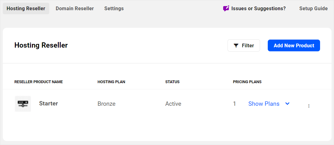 Hosting Reseller screen with product added.