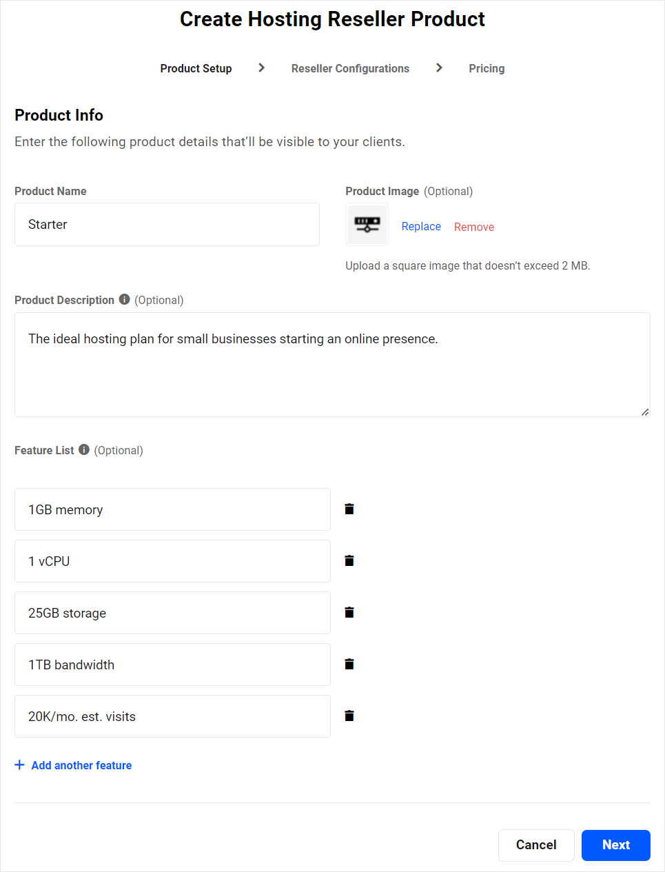 Create Hosting Reseller Product wizard - Product Setup screen.