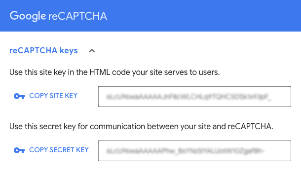 copy your Site Key and Secret Key from the reCAPTCHA website and paste them into the appropriate fields in the Defender interface