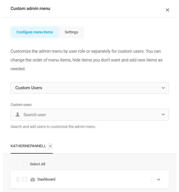 custom admin menu custom user