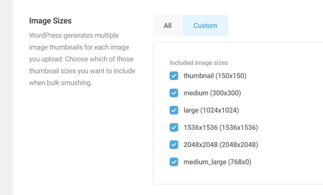 Screenshot of the various image sizes which are available to exclude.