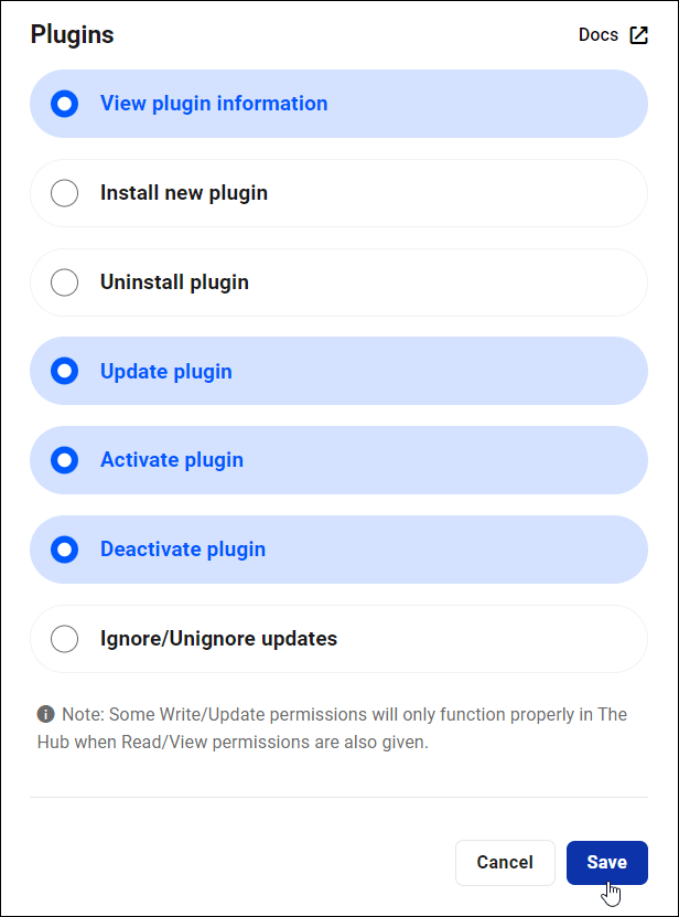 Custom Roles - Plugins screen.