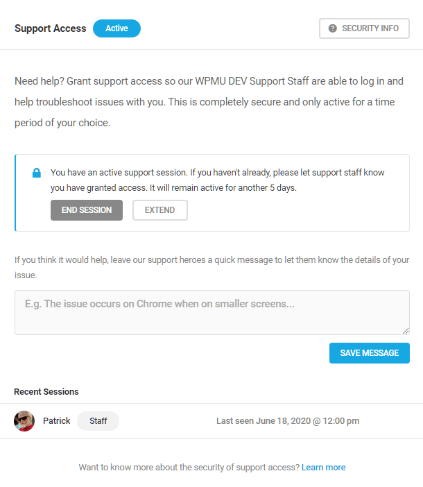 Support access enabled in WPMU DEV Dashboard