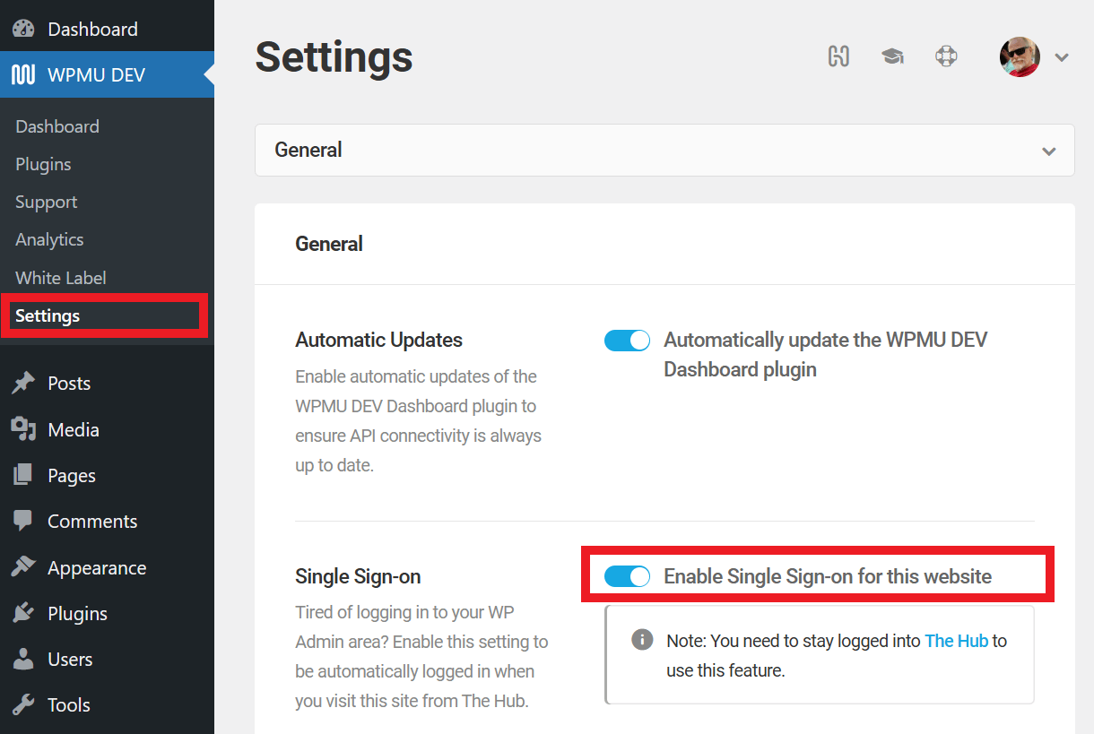 Navigation to Settings tab to locate SSO