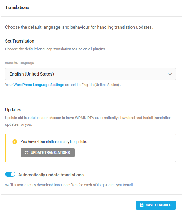 WPMU DEV Dashboard translation settings