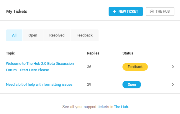 Dashboard support tickets