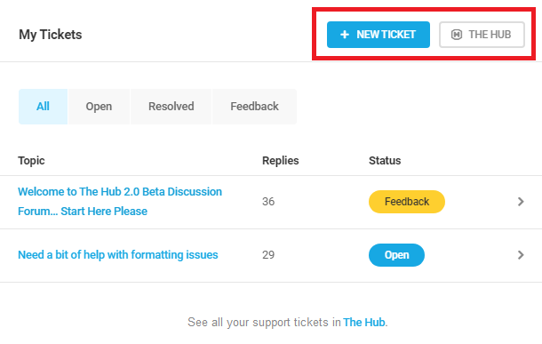 Dashboard Support tickets new