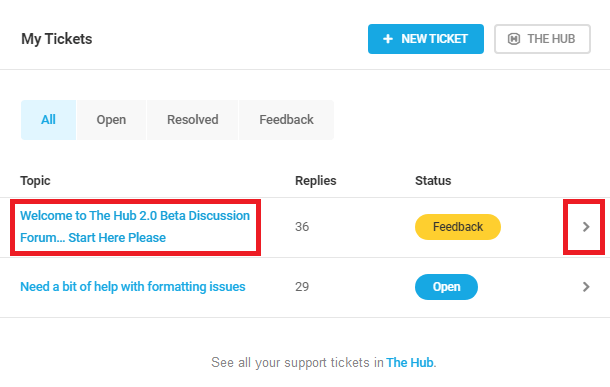 Dashboard support tickets view