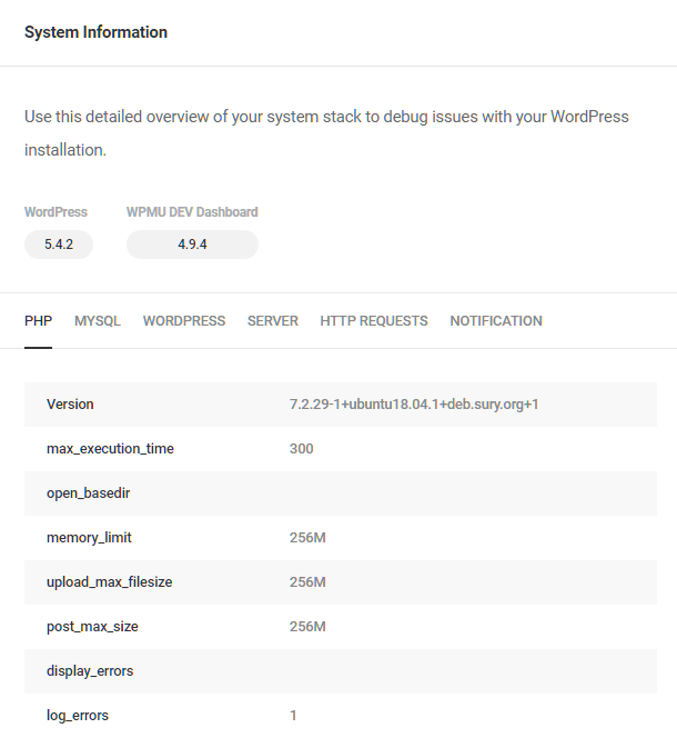System information in WPMU DEV Dashboard