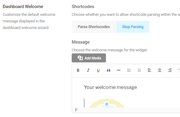 Screenshot of the dashboard welcome widget feature