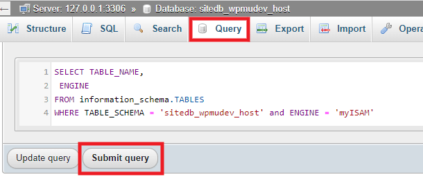 Querying for tables using MyISAM in phpMyAdmin
