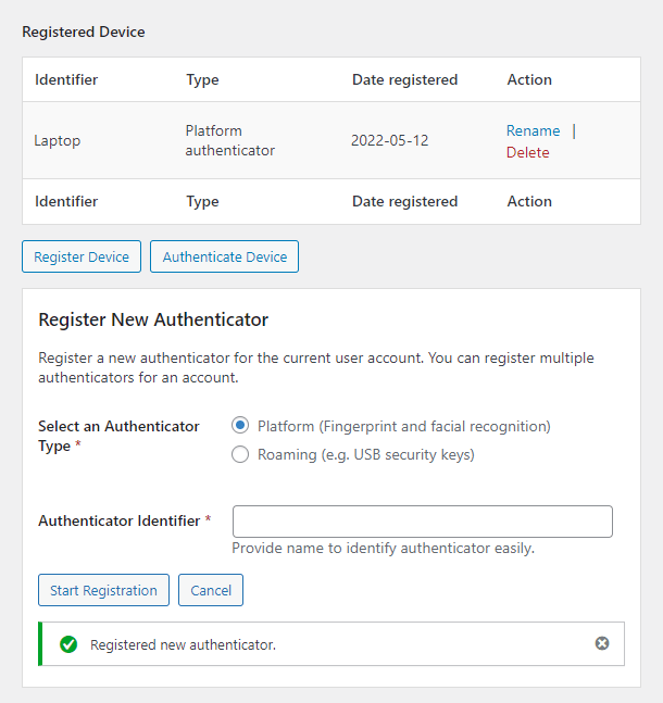Registered devices list