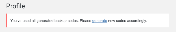 Prompt to create new backup codes in Defender