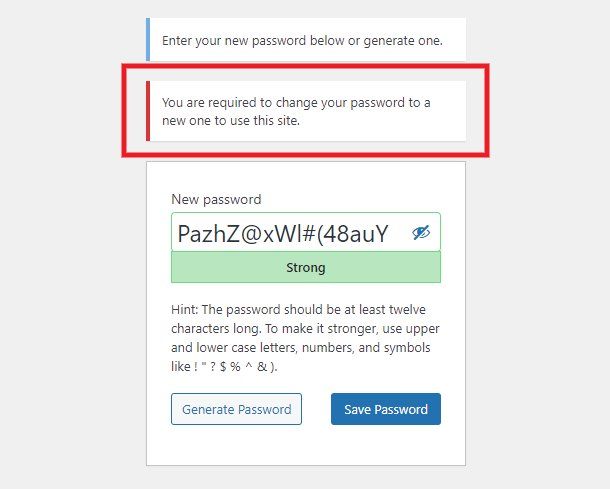 Force password reset message on login form