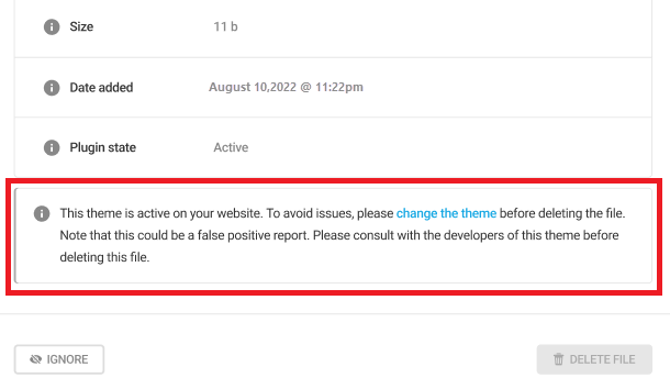 Malware scan active theme notice