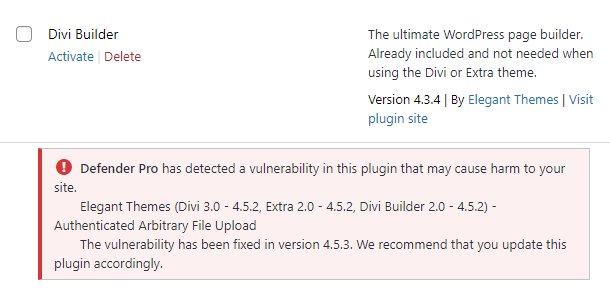 Plugin vulnerability message in wp-admin