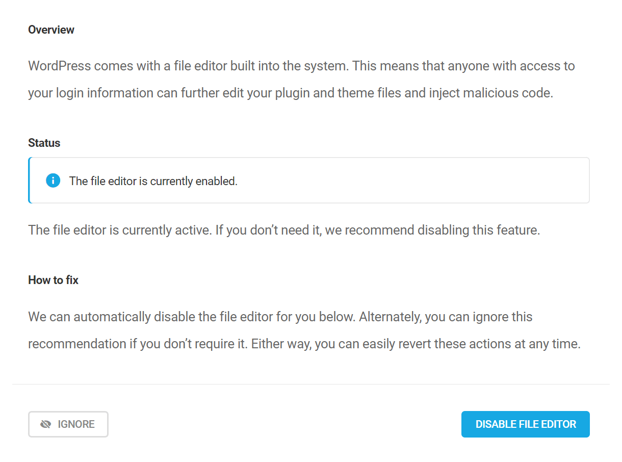 Disable the file editor security recommendation