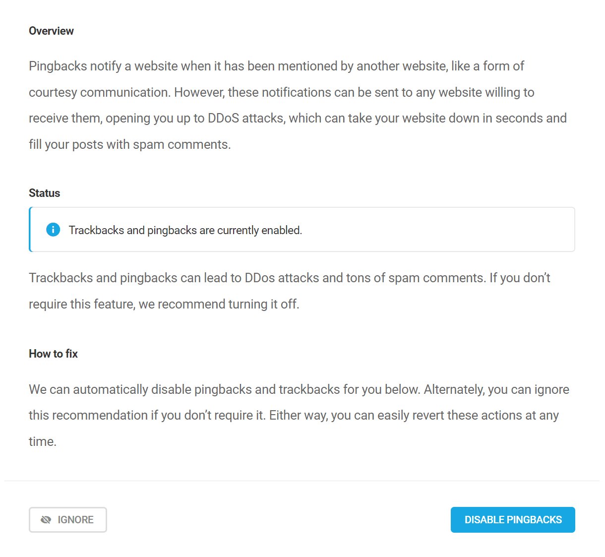 Disable trackbacks and pingbacks security recommendation