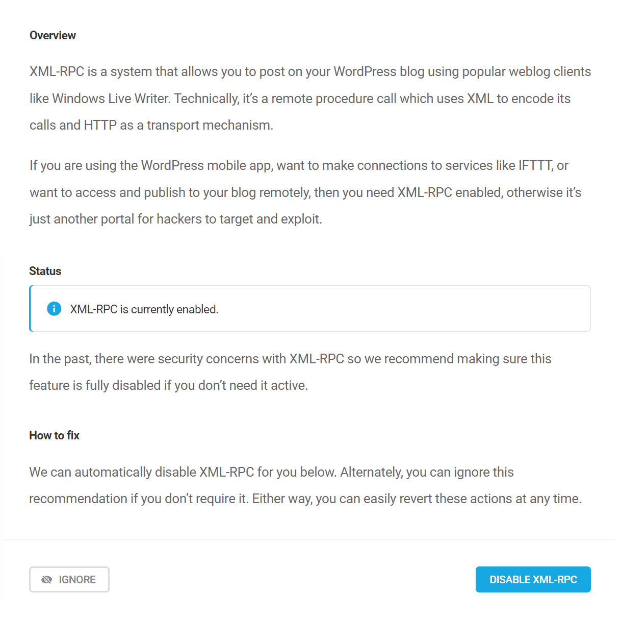 Disable XML RPC security recommendation