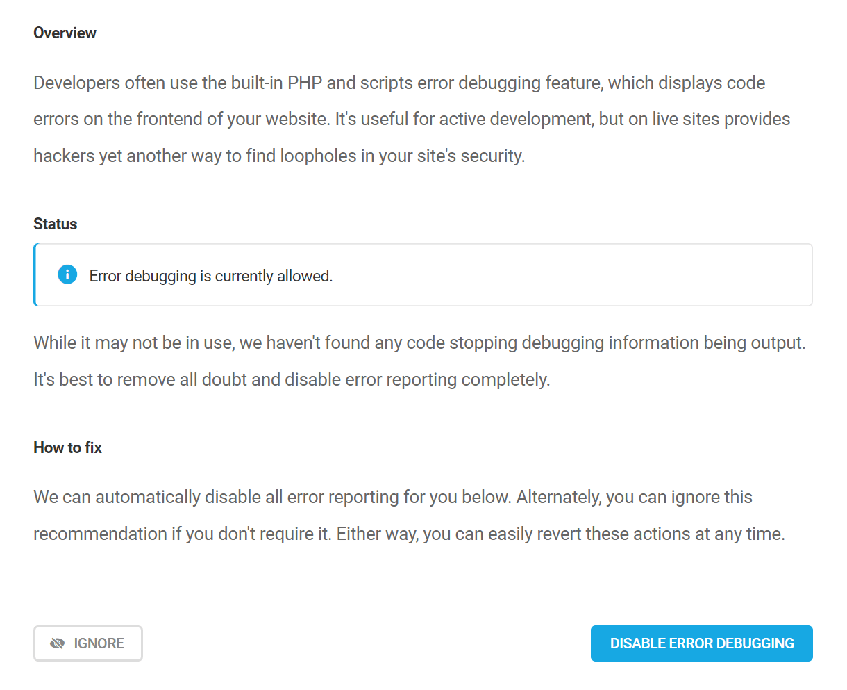 Hide error reporting security recommendation