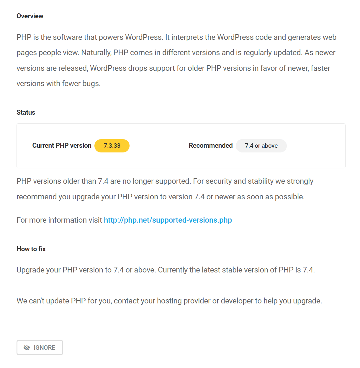 Update PHP security recommendation