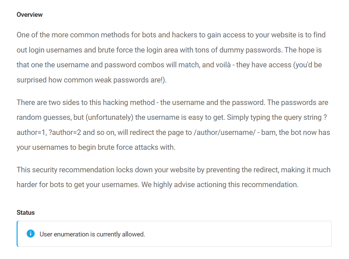 Prevent user enumeration security recommendation