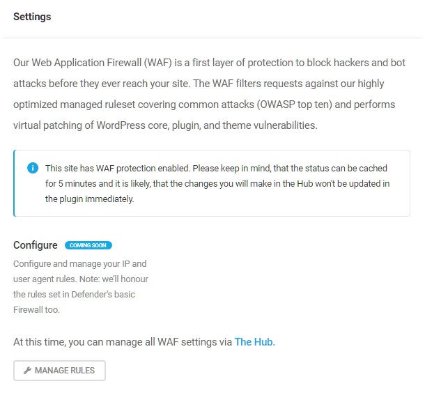 WPMU DEV WAF settings screen in Defender