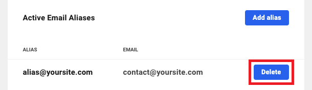Allows the user to remove an existing email alias from a site.