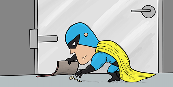 Cartoon drawing of Devman obtaining a key from under a doormat.