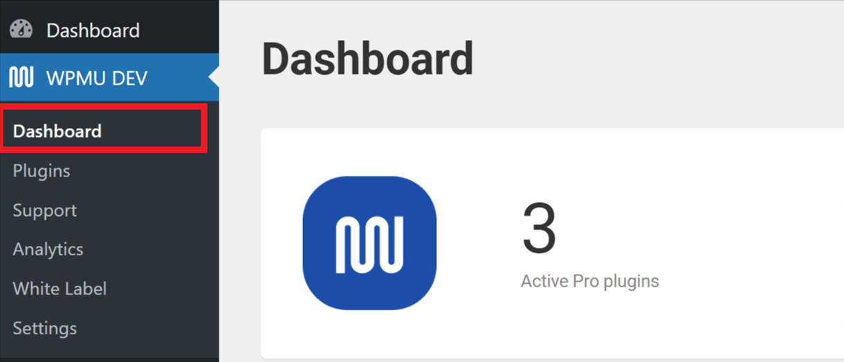 Access dashboard by hovering over WPMU DEV and clicking Dashboard