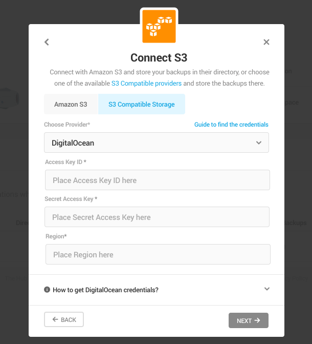 digital ocean connection credentials