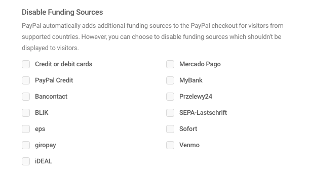 Disable funding sources in PayPal field
