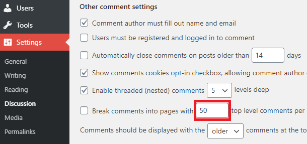 discussion settings for comment limit