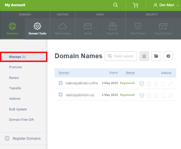 Clicking on the desired domain you want to manage in the Domain Names list