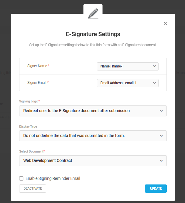 Fill in the details in the E-Signature Settings modal window