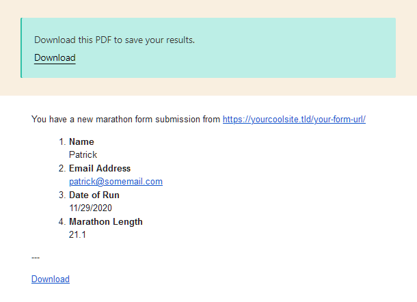 PDF download link in form success message and email