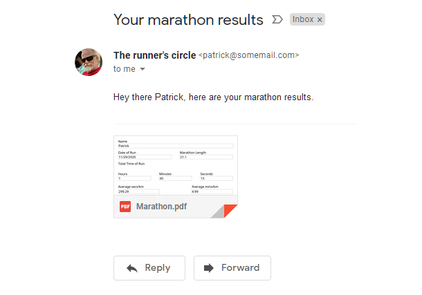 PDF attachment included in user email