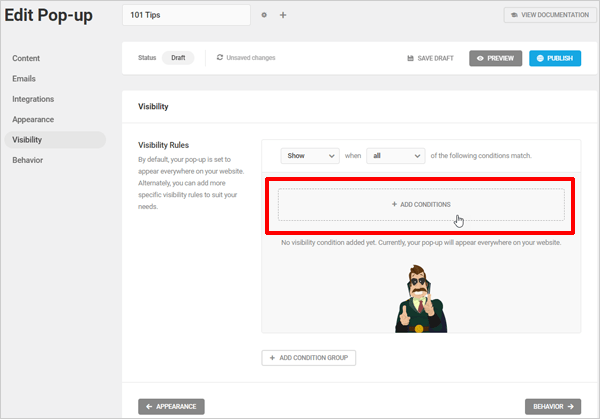 Edit Hustle Popup - Visibility Conditions.
