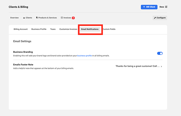 The email notifications tab