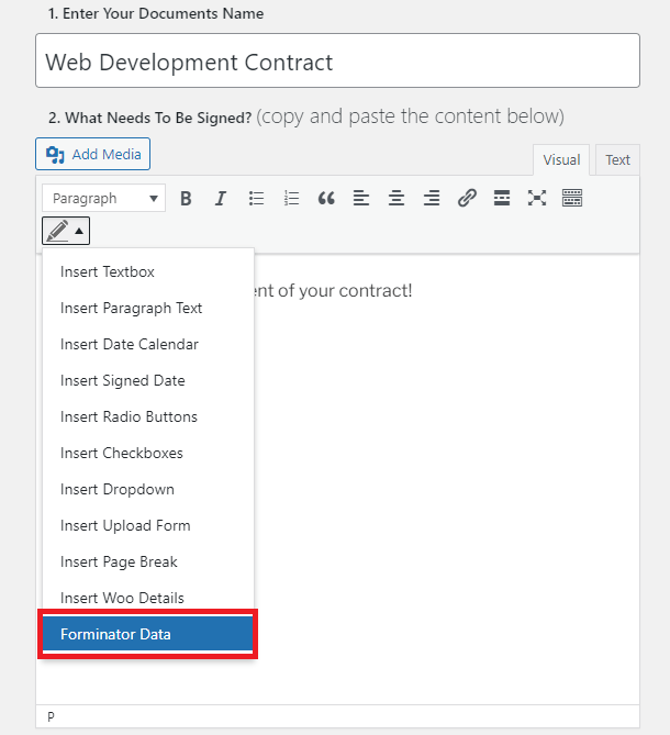 Enter document title and content and choose Forminator Data