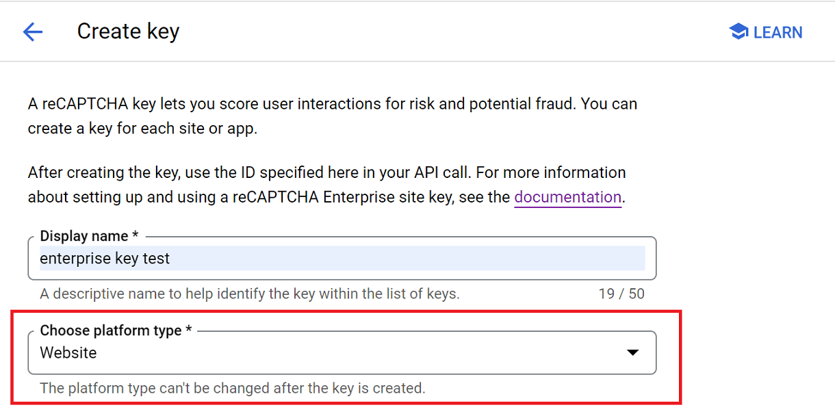 Enterprise recaptcha key platform type