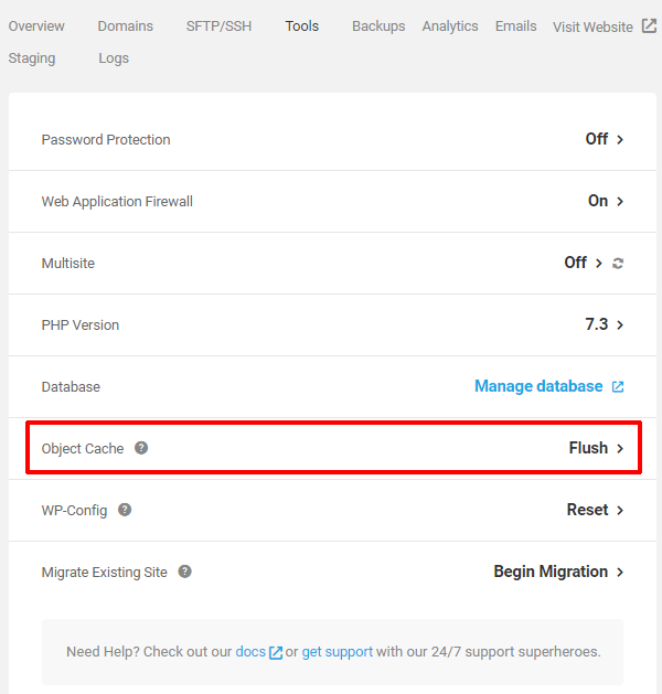 WPMU DEV hosting panel with Flush Object Cache option highlighted.