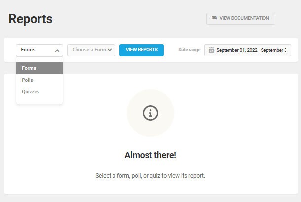Reports select form, poll, or quiz