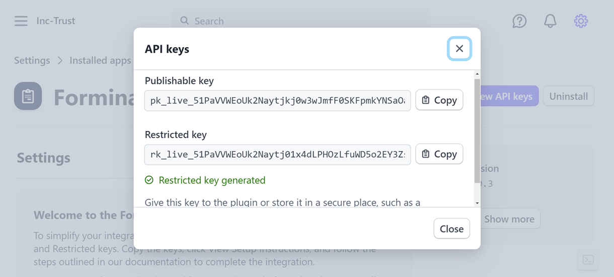 formi stripe view api keys