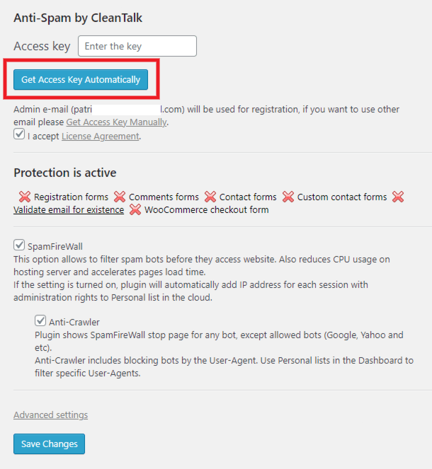 Get CleanTalk access key