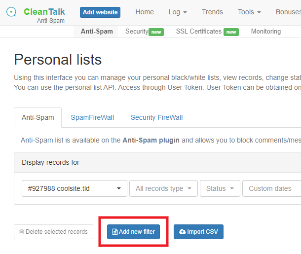 Add filters to lists at CleanTalk
