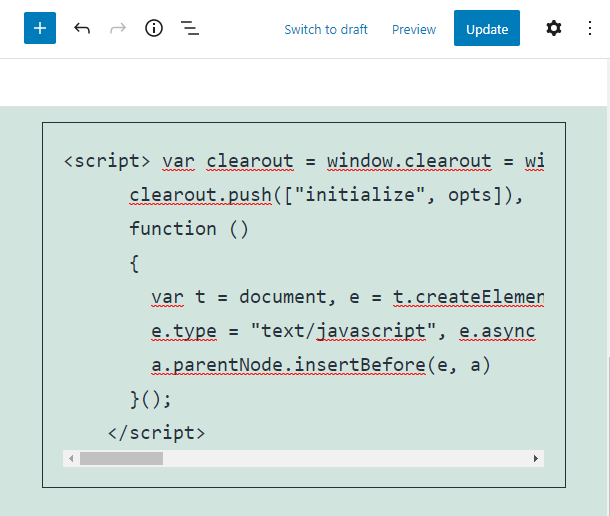 Add Clearout JS code to a Gutenberg code block