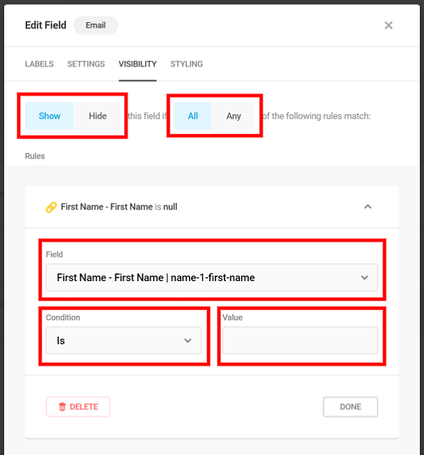Conditional logic settings in Forminator form field