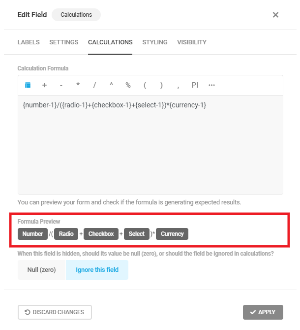 Formula preview in Forminator Calculations field