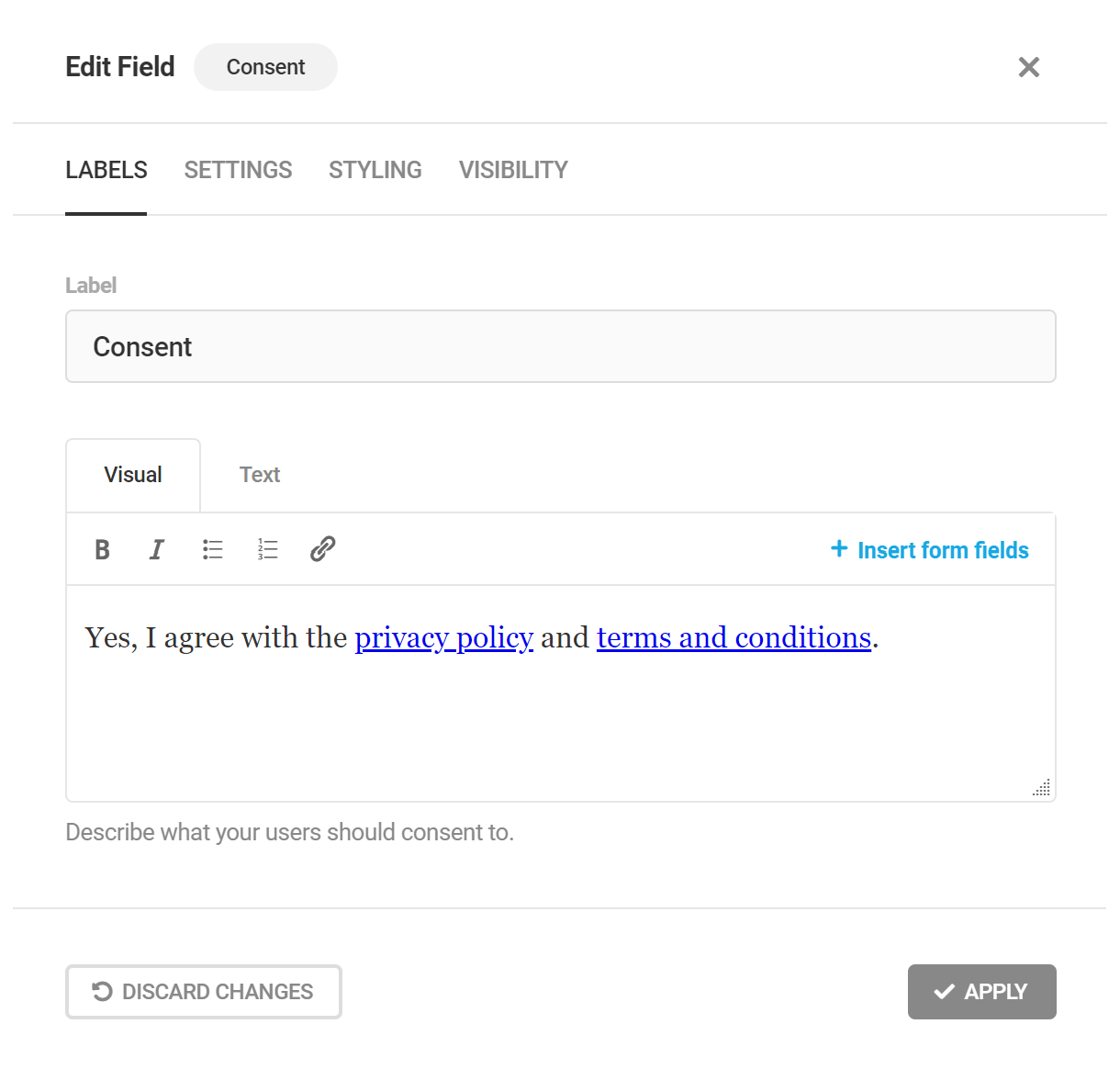 Customize the labels of the Consent field